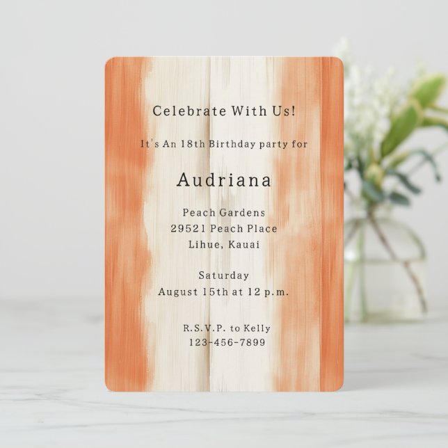 Invitación Cumpleaños Franjas Naranja Melocotón Crema (Anverso de pie)