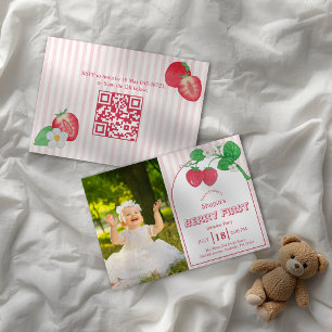 Invitación Cumpleaños Fresa Foto Raya Rosa 1er