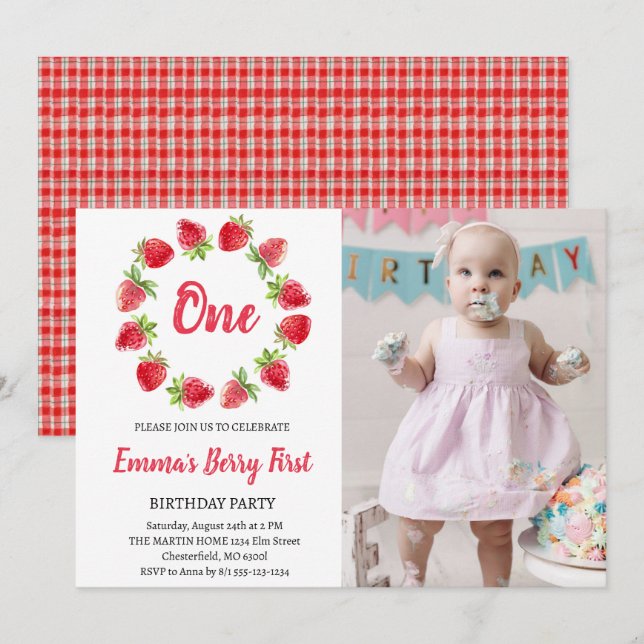 Invitación Cumpleaños Fresa Primera 1ra Foto (Anverso / Reverso)