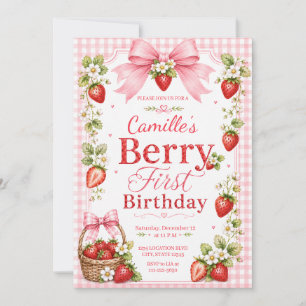 Invitación Cumpleaños Fresa y Bayas Primero Rosa a Cuadros