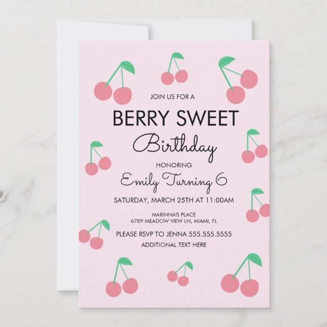 Invitación Cumpleaños Frutas Cerezas Rosado Rojo Fiesta (Anverso)