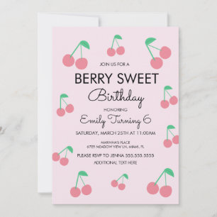 Invitación Cumpleaños Frutas Cerezas Rosado Rojo Fiesta