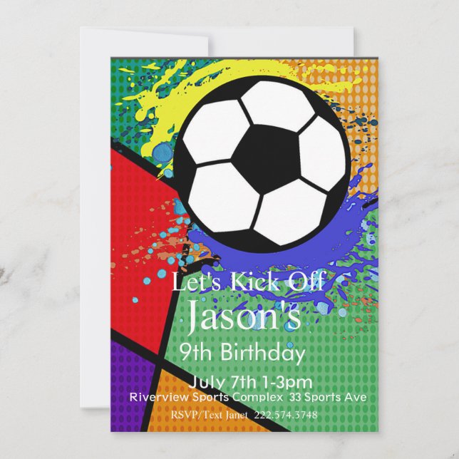 Invitación Cumpleaños, Fútbol, Futbol de Arte Pop (Anverso)