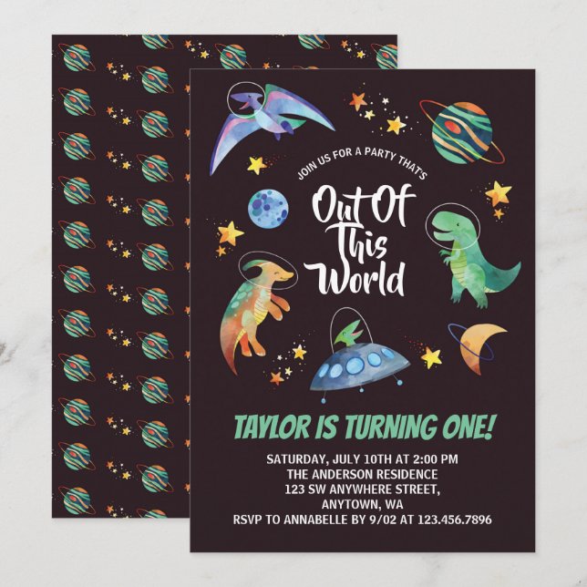 Invitación Cumpleaños Galaxia Dinosaurio Espacial Fuera De Es (Anverso / Reverso)