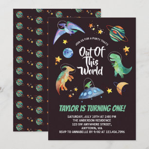 Invitación Cumpleaños Galaxia Dinosaurio Espacial Fuera De Es