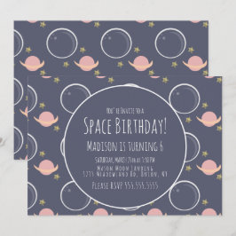 Invitación Cumpleaños Galaxia Espacio Rosa Luna Hoja de Estre