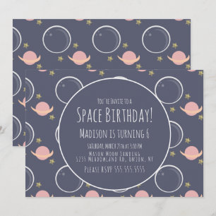 Invitación Cumpleaños Galaxia Espacio Rosa Luna Hoja de Estre