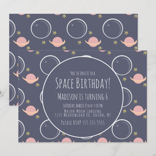 Invitación Cumpleaños Galaxia Espacio Rosa Luna Hoja de Estre (Anverso / Reverso)