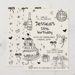 Invitación Cumpleaños garabateado a mano adulto dibujado a ma