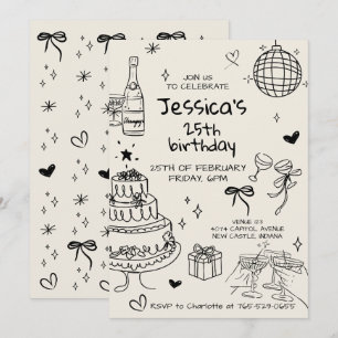 Invitación Cumpleaños garabateado a mano adulto dibujado a ma