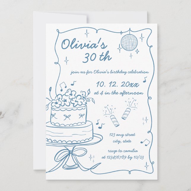 Invitación Cumpleaños Garabato Escrito a Mano Dibujado a Mano (Anverso)