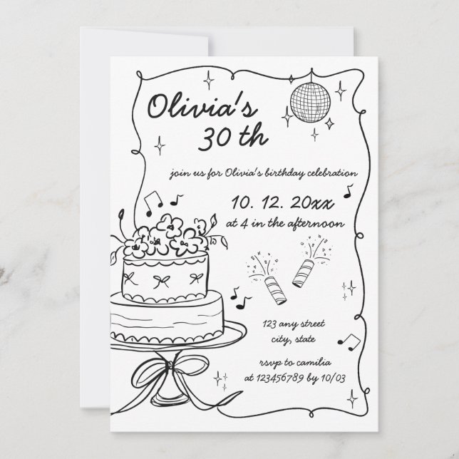 Invitación Cumpleaños Garabato Escrito a Mano Dibujado a Mano (Anverso)