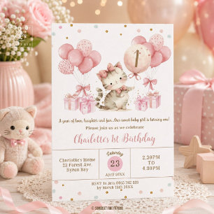 Invitación Cumpleaños Gatito Adorable Globos Rosados 1er 2do 