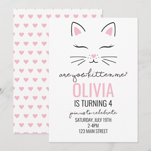 Invitación Cumpleaños gatito corazones rosados (Anverso / Reverso)