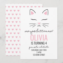 Invitación Cumpleaños gatito corazones rosados