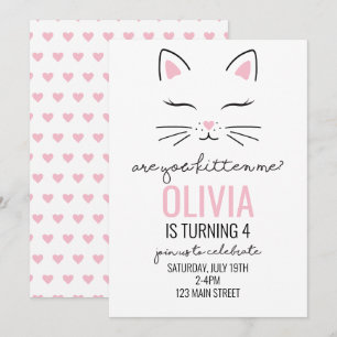 Invitación Cumpleaños gatito corazones rosados