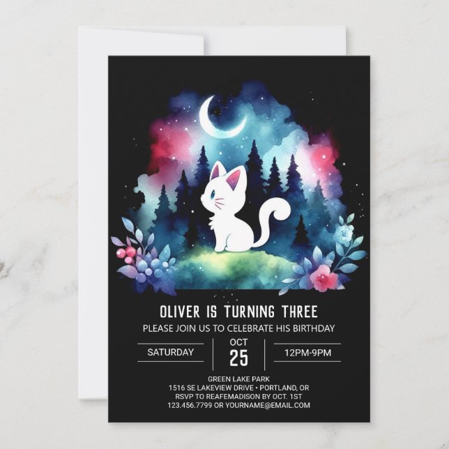Invitación Cumpleaños Gato Simple Majestic (Anverso)
