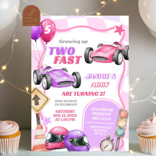 Invitación Cumpleaños gemelas coche de carreras rosa Dos niña