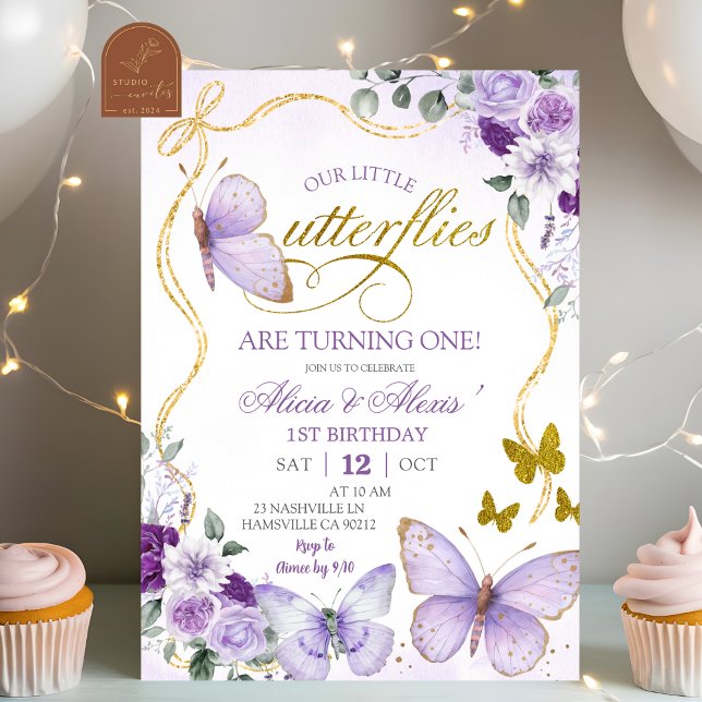 Invitación Cumpleaños gemelas mariposa púrpura Coquette (Subido por el creador)