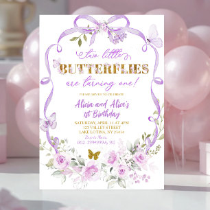 Invitación Cumpleaños gemelo Coquette Butterfly con lazo flor