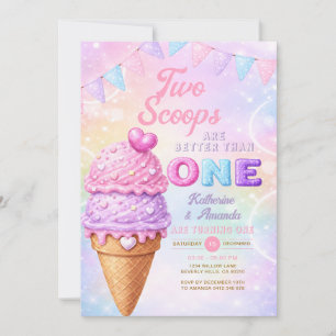 Invitación Cumpleaños Gemelo Helado Pastel Brillante Fiesta