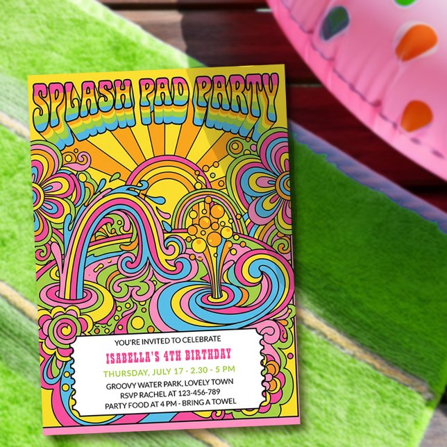 Invitación Cumpleaños Genial con Salpicaduras de Arcoíris Ret (Splash Pad birthday invitation for kids pool party, water park, park picnic etc.)