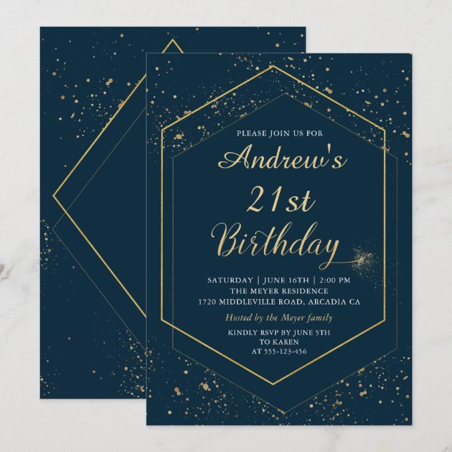 Invitación Cumpleaños Geométrica de Oro Azul de la Marina Mod (Anverso / Reverso)