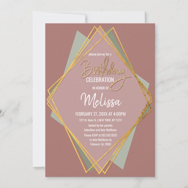 Invitación Cumpleaños Geométrica Gold Green Pink and Mauve (Anverso)