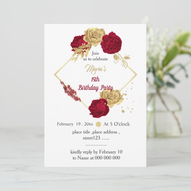 Invitación cumpleaños geométrico burdeos y flores doradas (Anverso de pie)