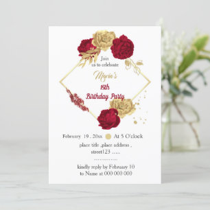 Invitación cumpleaños geométrico burdeos y flores doradas