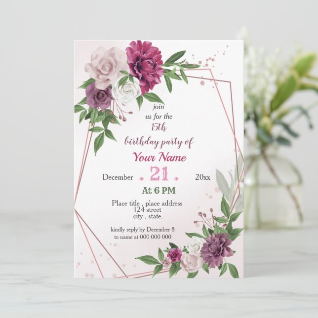 Invitación cumpleaños geométrico de color verde malva rosa (Anverso de pie)