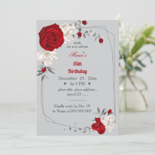Invitación cumpleaños geométrico de flores rojas y blancas