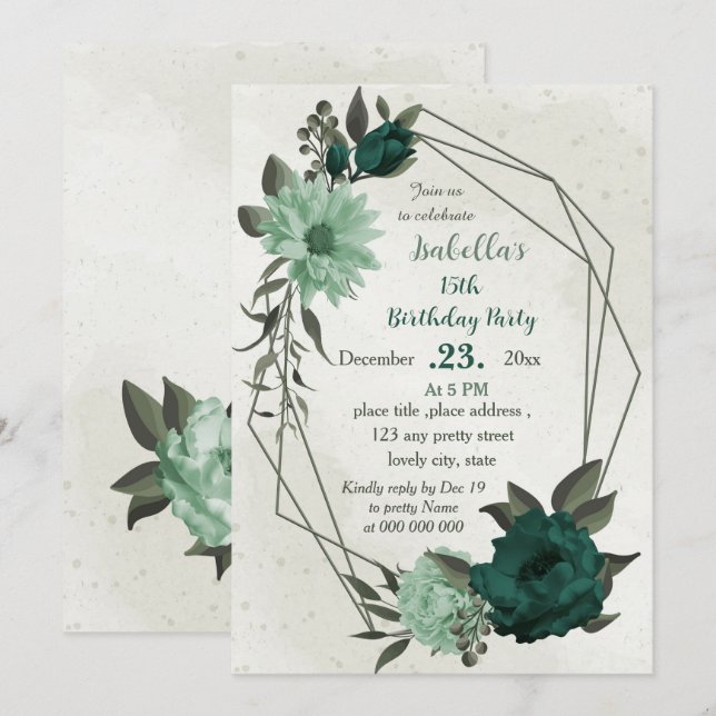 Invitación cumpleaños geométrico de flores verdes esmeraldas (Anverso / Reverso)