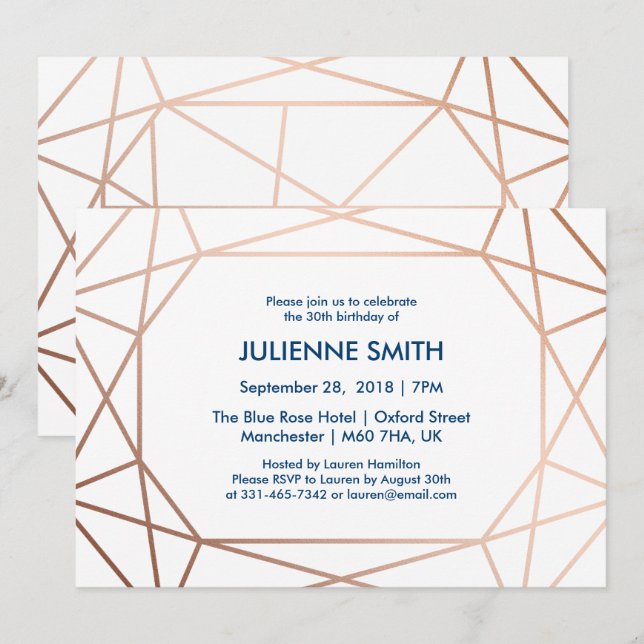 Invitación Cumpleaños geométrico elegante rosa dorado y azul  (Anverso / Reverso)