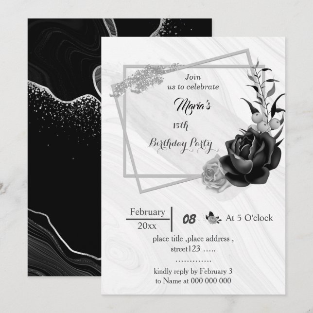 Invitación cumpleaños geométrico gris plateado y flores negra (Anverso / Reverso)