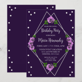 Invitación Cumpleaños Geométrico Purple Rosa Silver