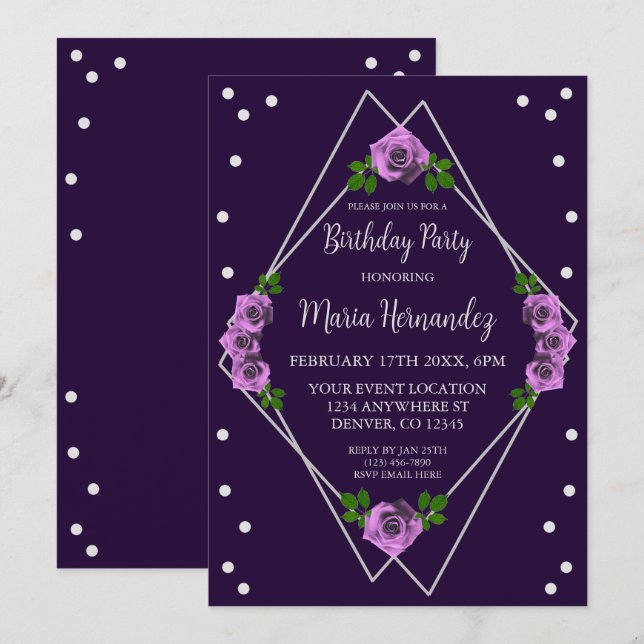 Invitación Cumpleaños Geométrico Purple Rosa Silver (Anverso / Reverso)