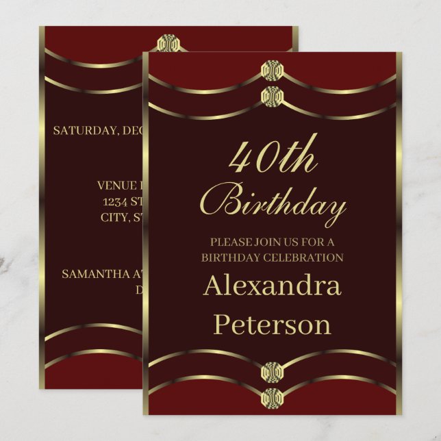 Invitación Cumpleaños Geométrico Único Maroon Red Y Gold (Anverso / Reverso)