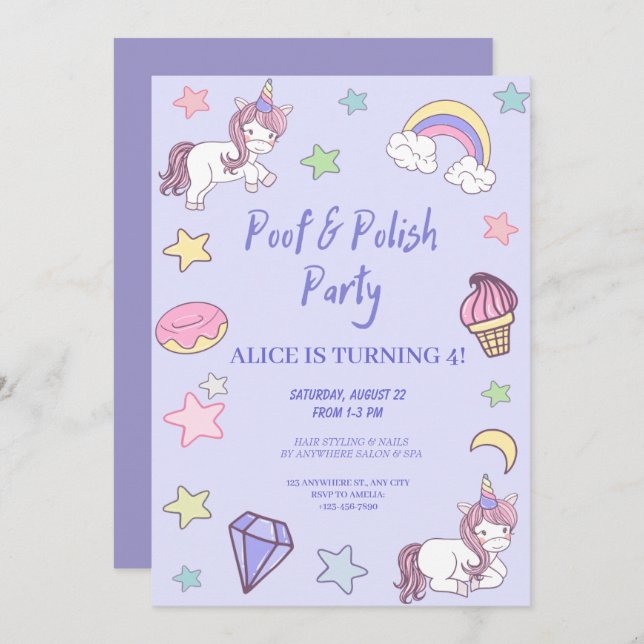 Invitación cumpleaños giratorio unicornio y arcoiris (Anverso / Reverso)