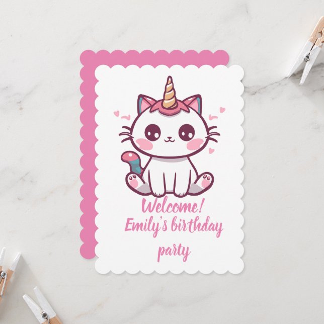 Invitación Cumpleaños Girly Caticorn (Anverso/Reverso In Situ)