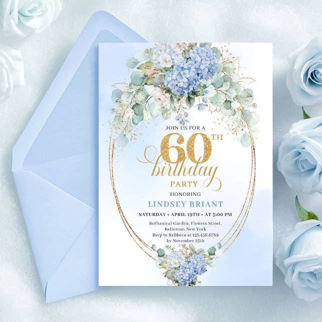 Invitación Cumpleaños Glam Bohemio Hydrangea Azul Pastel 60 (Glam Bohemian Pastel Blue Hydrangea 60th Birthday)