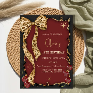 Invitación Cumpleaños Glam Cereza Salvaje Estampa de Leopardo