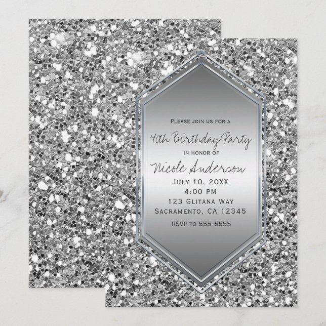 Invitación Cumpleaños Glam Chic con Brillo de Plata Fiesta pa (Anverso / Reverso)
