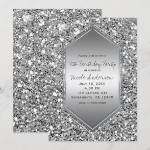 Invitación Cumpleaños Glam Chic con Brillo de Plata Fiesta pa
