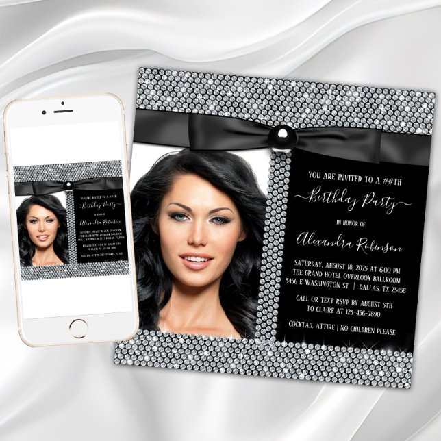 Invitación Cumpleaños Glam con Diamantes para Mujer Foto Fies (Womans black and white diamond birthday party invitation with diamonds and bow. Photo invitation.)