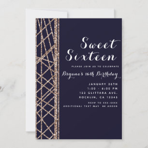 Invitación Cumpleaños Glam de Rosa Dorado y Brillo Azul