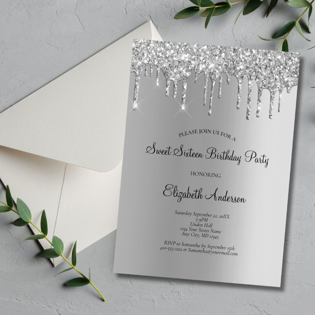 Invitación Cumpleaños Glam Drip Brillo Plateado Sweet 16  (Silver Dripping Glitter Sweet Sixteen Birthday Party Invitation. Printed or Digital Download)
