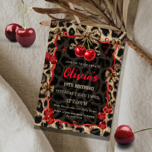 Invitación Cumpleaños Glam Estampa de Leopardo Cereza Salvaje