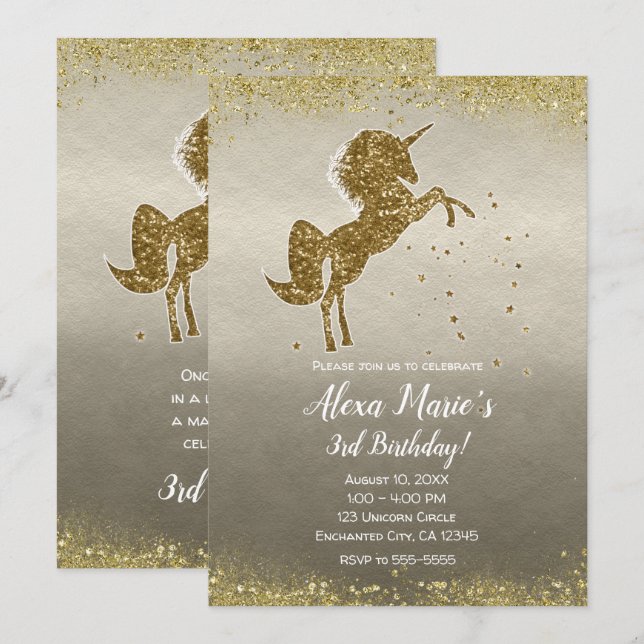 Invitación Cumpleaños Glam Estrellas Unicornio Brillante Oro (Anverso / Reverso)