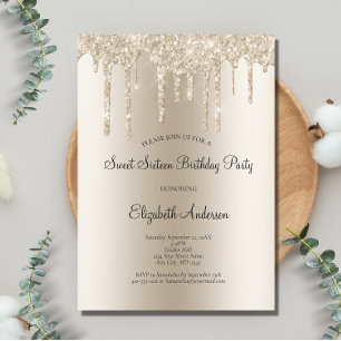 Invitación Cumpleaños Glam Glitter Drip Champagne Dulces 16